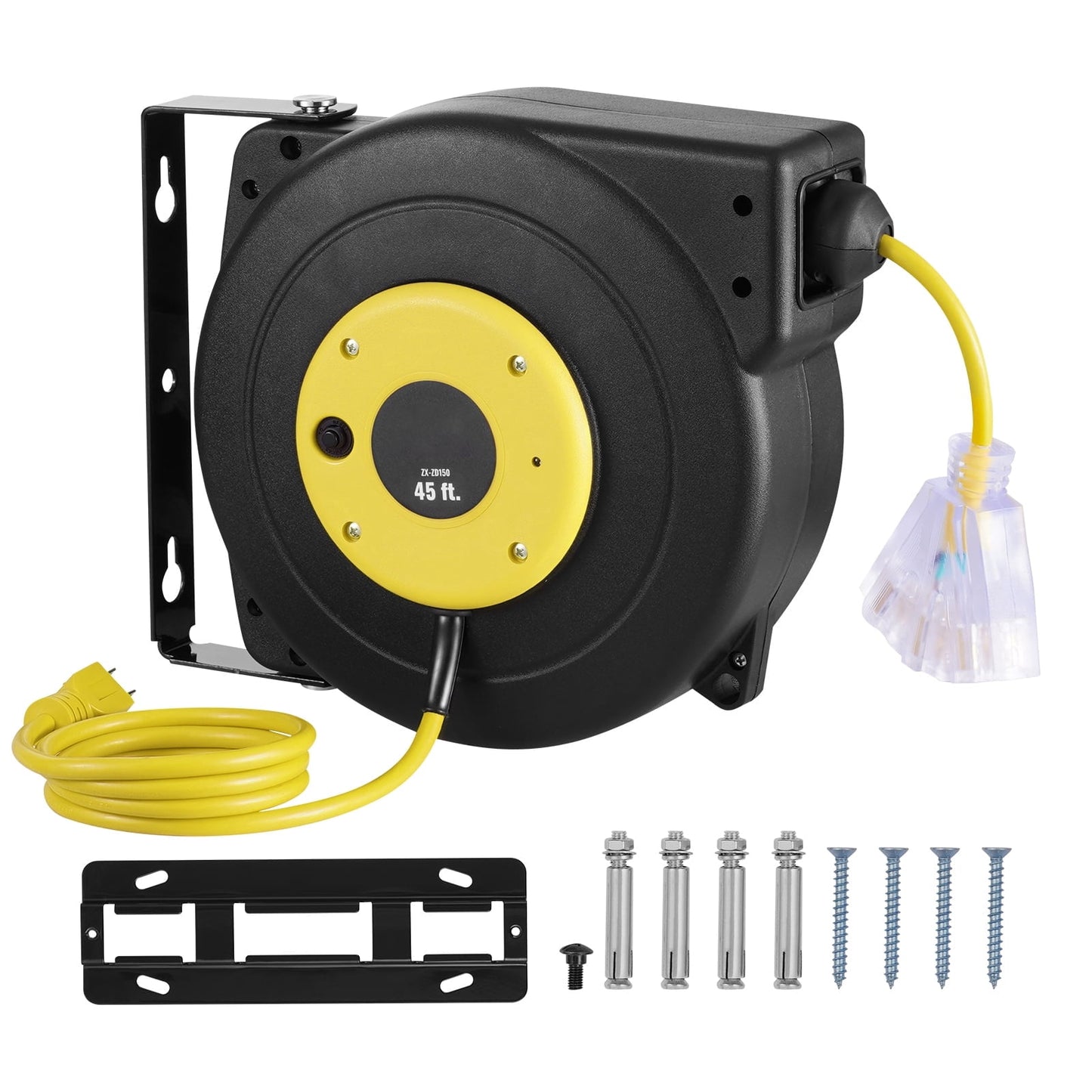 KFFKFF 45ft Retractable Cord Reel, Robust 12AWG/3C SJTOW Retractable Electrical Wire with Illuminated Triple Tap Outlet, 15 Amp Circuit Protection 180Â° Rotating Bracket for Overhead