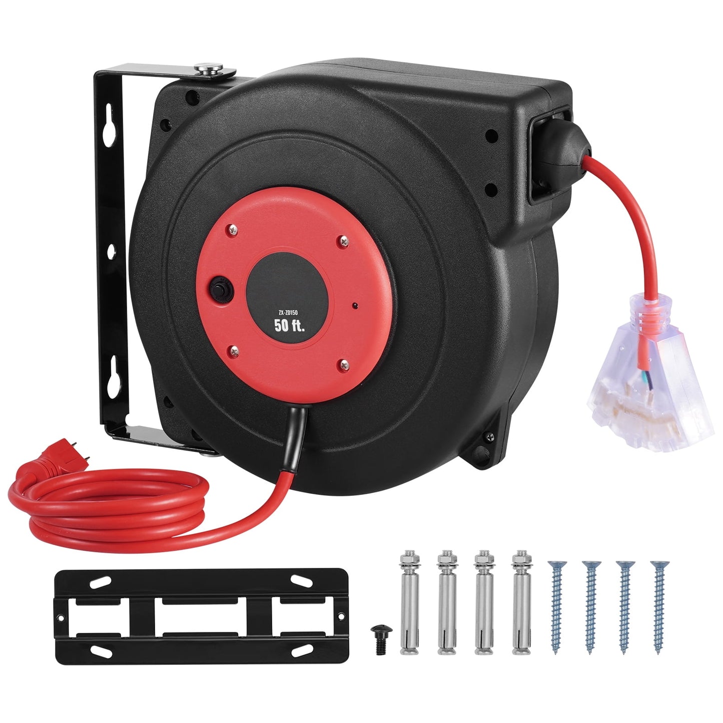 KFFKFF Pull-Out Power Cable Reel, 50 FT, Robust 14AWG/3C SJTOW Retractable Electrical Wire with Illuminated Triple Tap Outlet, 13 Amp Circuit Interrupter 180Â° Pivoting Bracket for Ceiling