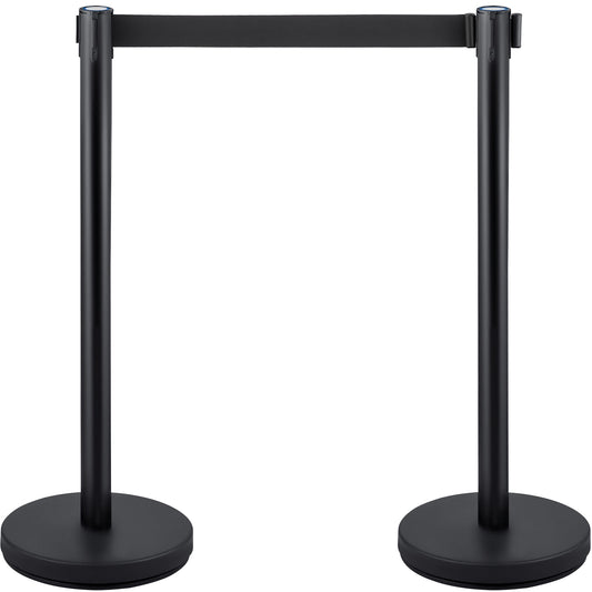 KFFKFF Queue Management Posts, 4 Units in a Set, Complete with 6.6 ft/2 m Retractable Black Belt, Black Public Management Barrier with Concrete and Metal Foundation - Simple Connection Setup