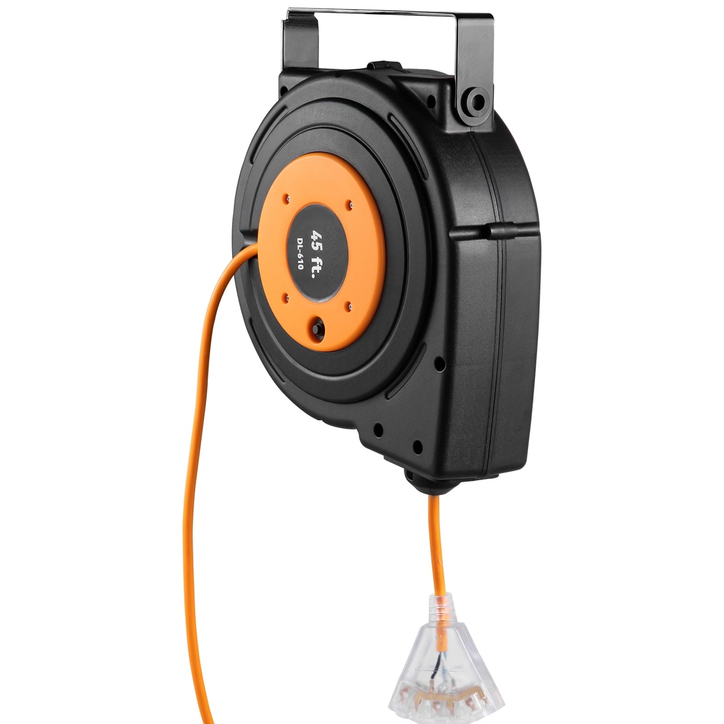 KFFKFF Retractable Extension Cord Reel, 45 ft, Heavy Duty 12AWG/3C SJTOW Power Cord, with Lighted Triple Tap Outlet, 15 Amp Circuit Breaker, 180?? Swivel Bracket for Ceiling or Wall Mount