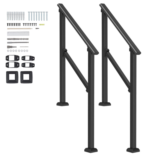 KFFKFF  Outdoor Handrails, Pair for 2-3 Steps, Durable Carbon Steel, Includes Setup Kit, Ideal for Elderly, Fits Concrete & Deck, Black Square Design