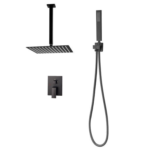 KFFKFF Shower Faucet Set with 10-Inch Square Rain Shower Head and Handheld Spray, Ceiling-Mounted Bathroom System with Brass Valve and Trim Kit, Matte Black