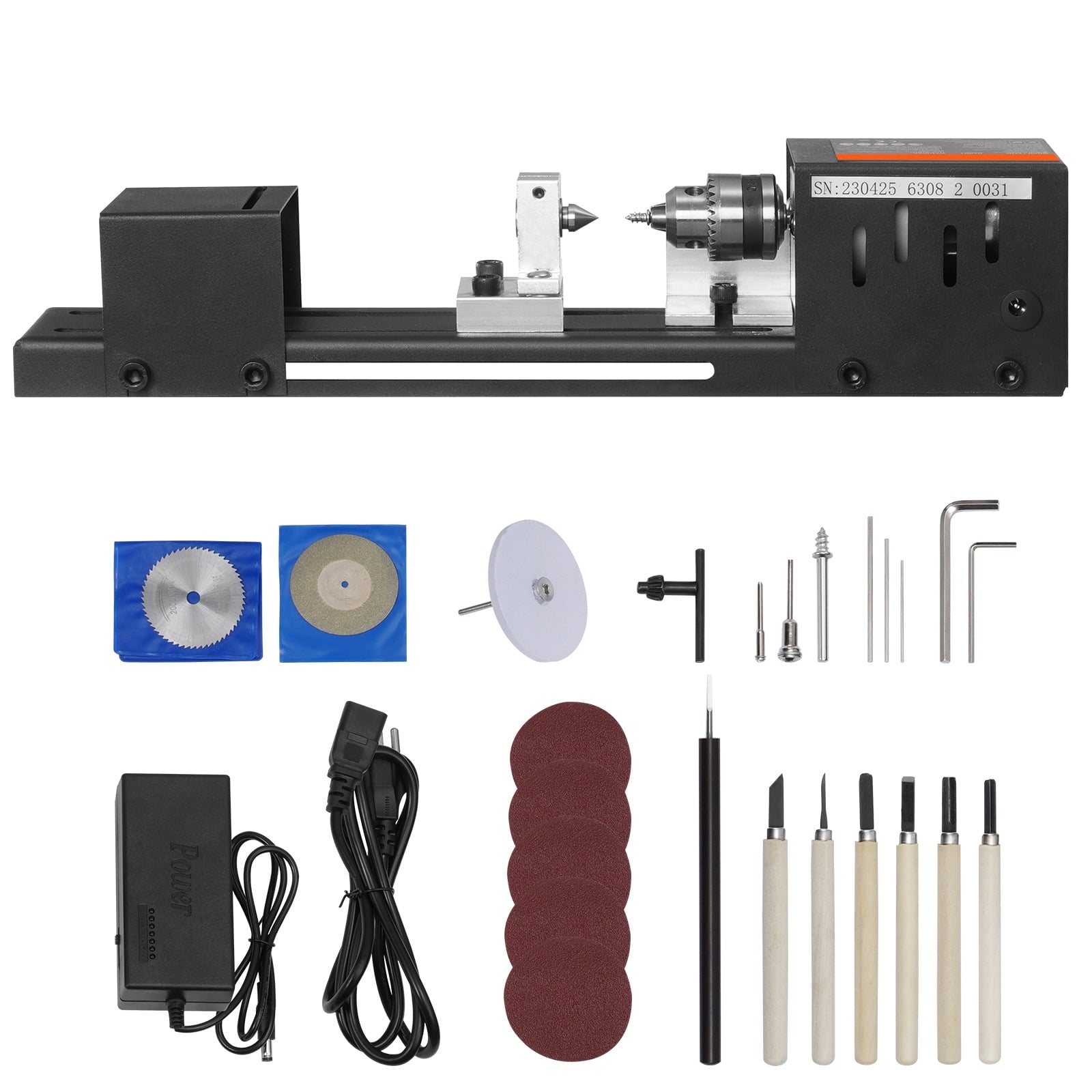 KFFKFF Small-Scale Lathe Device, Measures 2.76 x 6.3 inches, Powered by 24VDC 96W, Comes with Lathe Equipment Extras, Boasts 7 Speed Settings Varying between 4220 to 8450 RPM