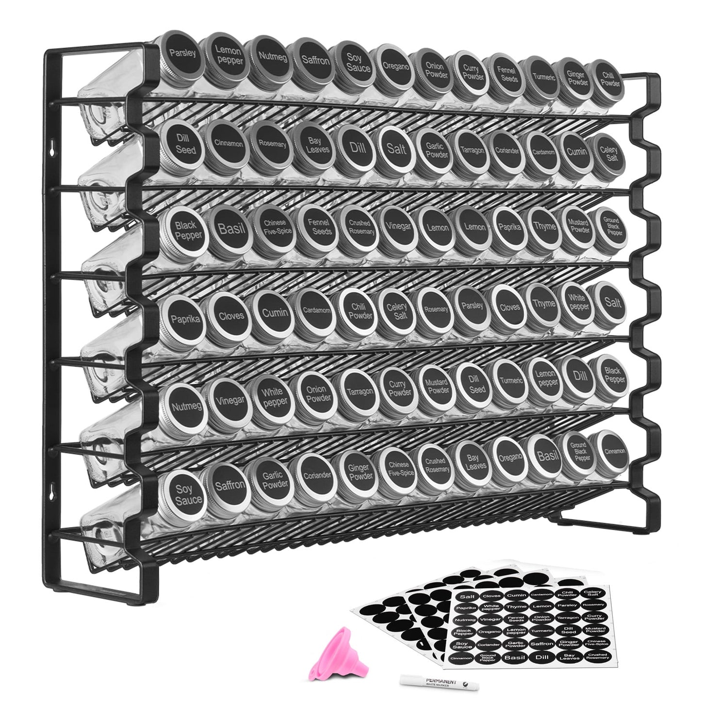 KFFKFF Spice Rack Organizer for Cabinet, Includes 72 Empty Jars, Lids, Labels, and Funnel, Perfect for Countertops, Kitchens, Pantries, and Cupboards, 23x16 in