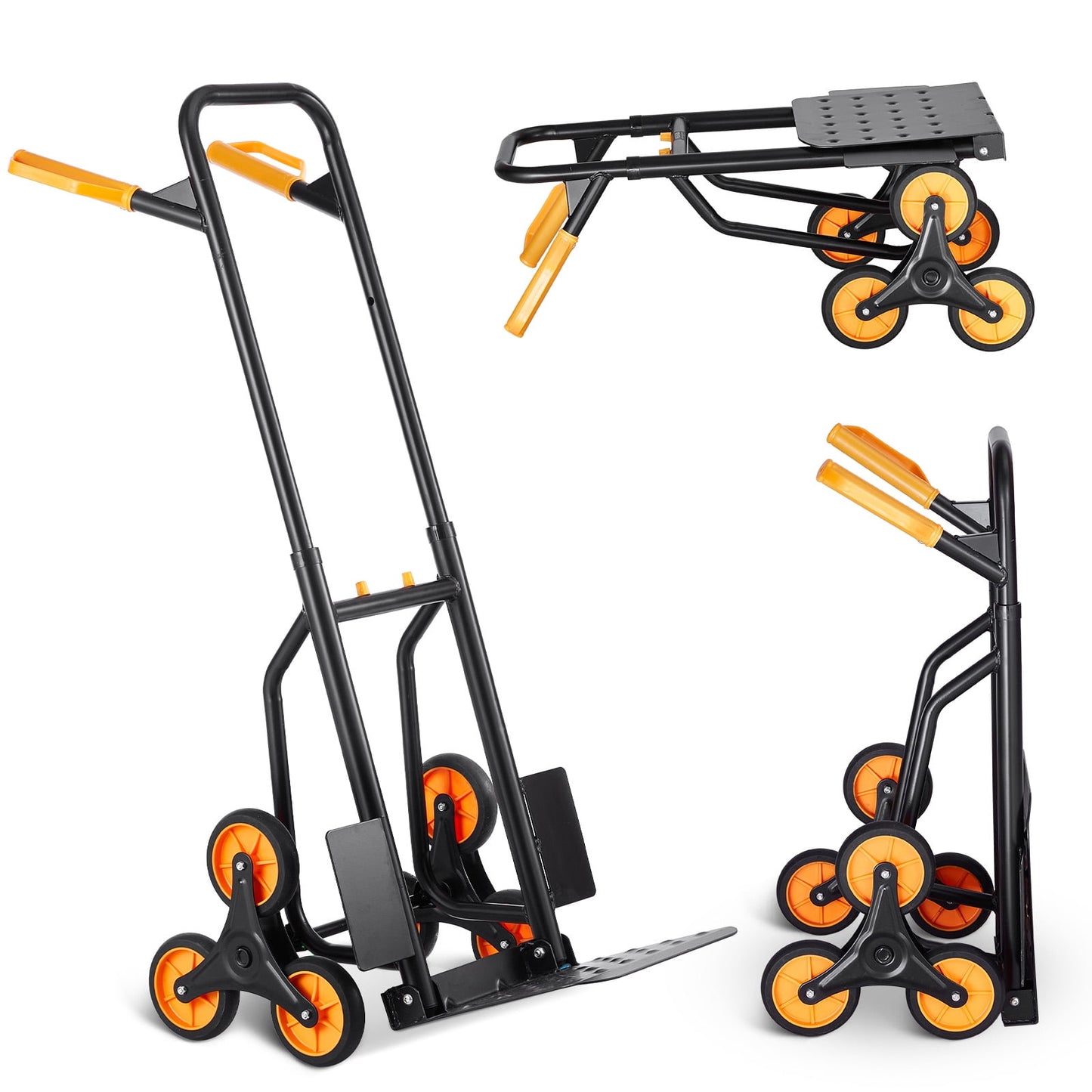 KFFKFF Stair Ascending Trolley, Supports 440 lbs, Stair Ascender Handcart and Carrier, Robust Collapsible Transport Cart with Twin Handles, 6 Tires & 2 Stretchable Cords