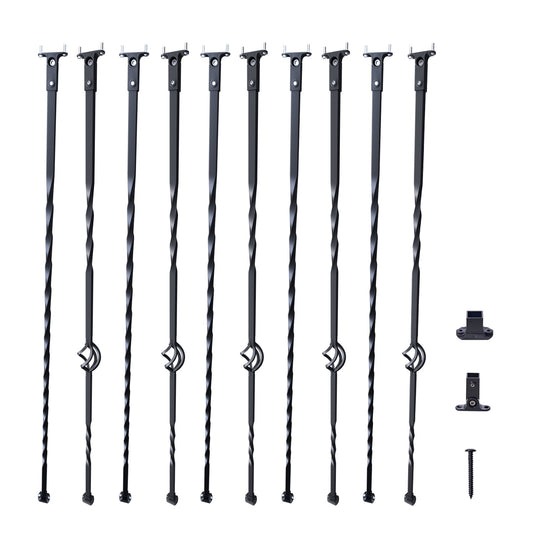 KFFKFF Staircase Metal Balusters, 44'' x 1/2" Galvanized Steel Decorative Banister Spindles, 10-Pack Deck Baluster with Hollow Basket and Twist Design, Spiral Stair Railing with Shoes and Screws