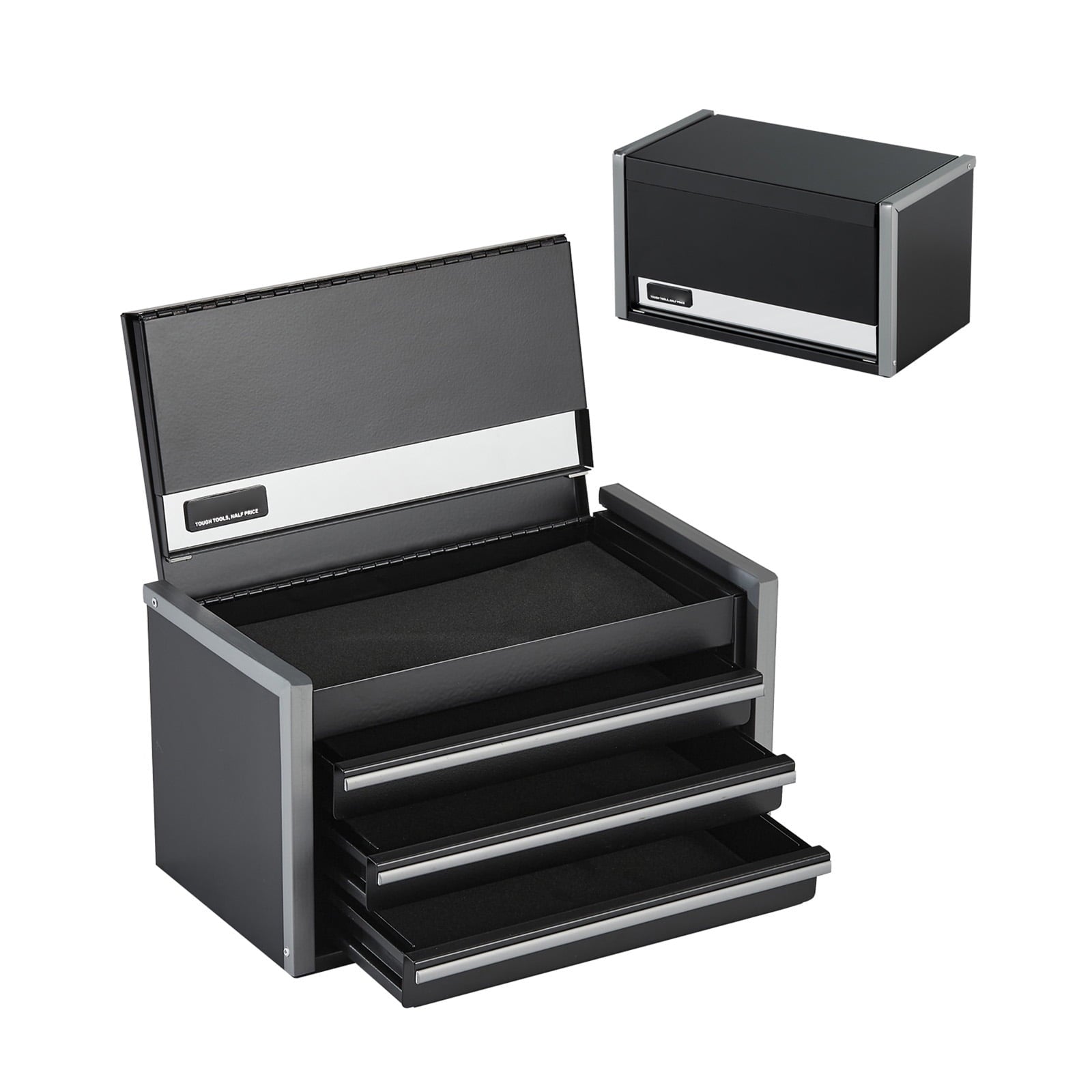 KFFKFF Steel Toolbox, 8.6-inch, Compact Steel Toolbox with Trio Drawers, Petite Equipment Caddy with EVA Cushions and PP Stabilizers, Robust Steel with Ball Bearing Access and Powdered Finish, Ebony