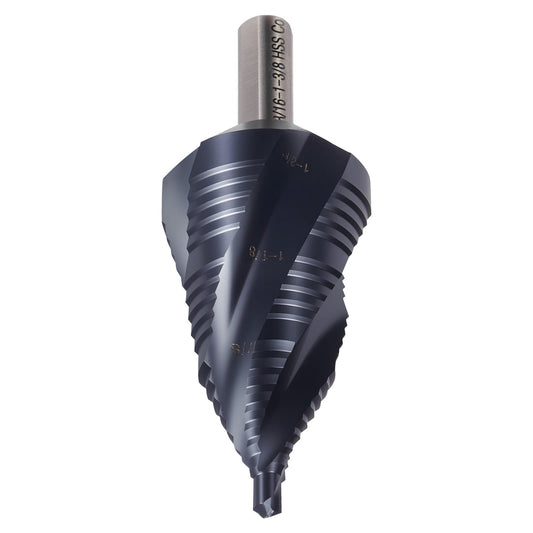 KFFKFF Step Drill Bit, 3/16 to 1-3/8 inch, 3/8 inch Triangular Shank, TiAlN Coated Cobalt High-Speed Steel, Four Spiral Flutes for Metal, Stainless Steel, Aluminum, Wood, Plastic, and Fiberglass