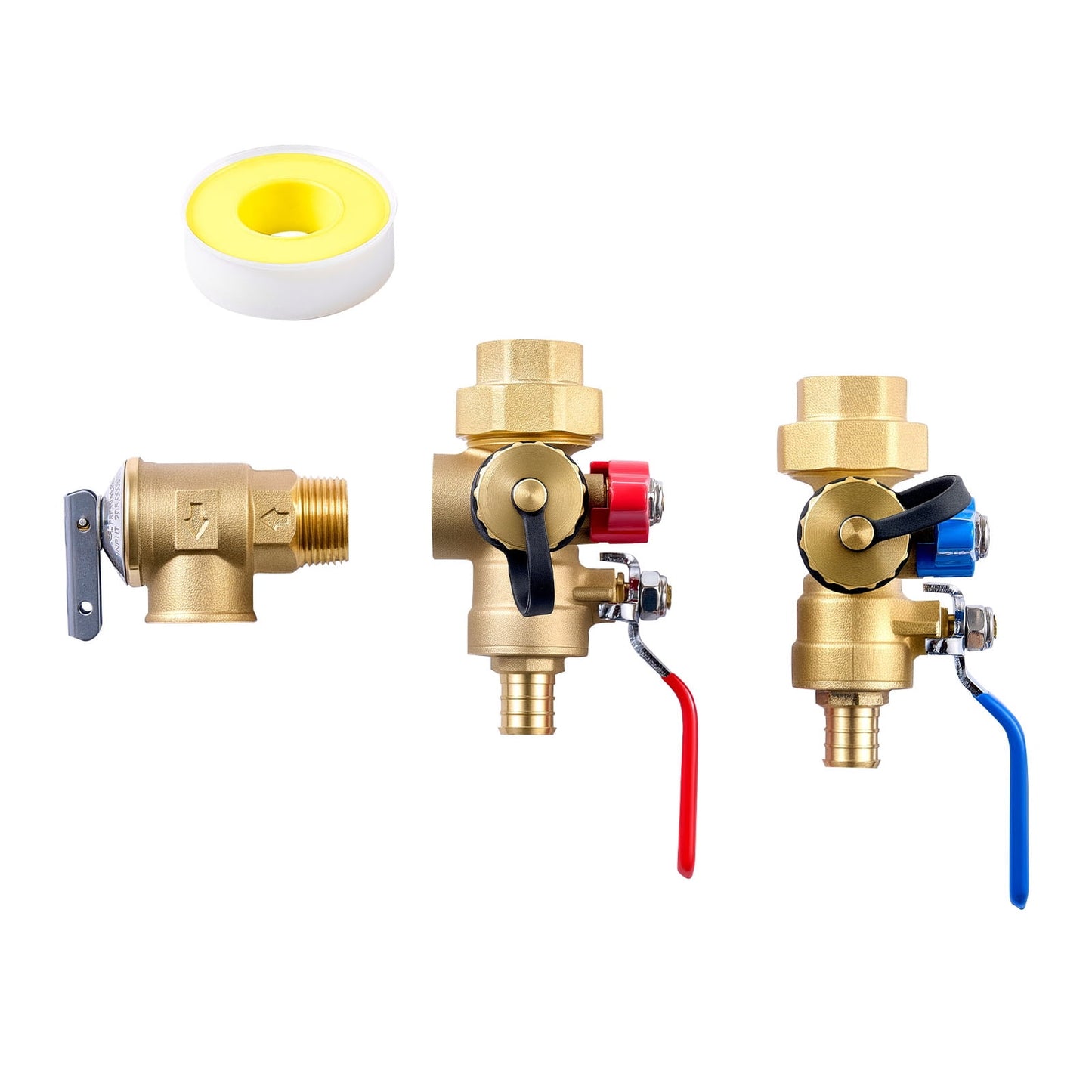 KFFKFF Tankless Water Heater Service Valve Kit, 3/4 Inch with 2PCS 3/4â€³ NPT to 3/4â€³ PEX-B Isolation Valves, Pressure Relief Valve, Lead-Free Brass, Compatible with Most Tankless Water Heaters