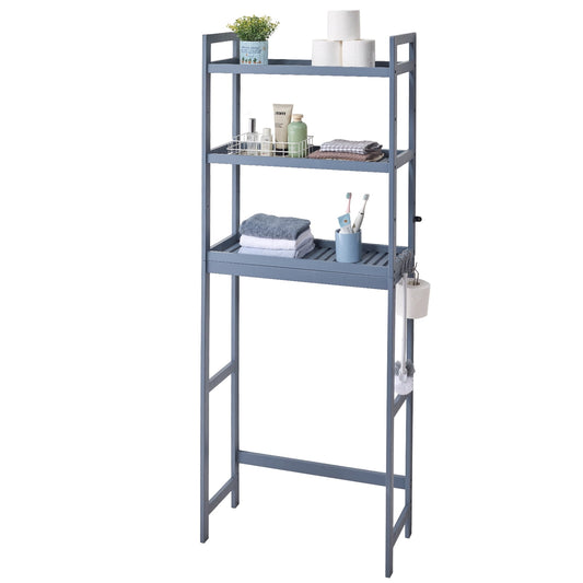 KFFKFF Over The Toilet Storage Shelf, 3-Level Bamboo Bathroom Shelf with Adjustable Heights, Includes 3 Hooks, Standalone Assembly for Space Optimization, Compatible with Various Toilets, Gray