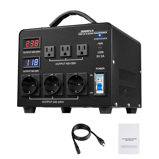 KFFKFF Voltage Auto Converter Transformer, 3000VA, Durable Step Up/Down Power Transformer, Converts 110V to 220V and 220V to 110V, Features 3 US Outlets, 3 EU Outlets, LCD Display