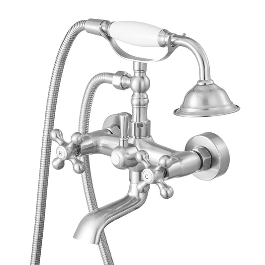 KFFKFF Wall-Mount Clawfoot Tub Faucet with Handheld Shower, Brushed Nickel Finish, Vintage-Style Bathtub Filler with Adjustable Swing Arms and 360Â° Rotating Spout