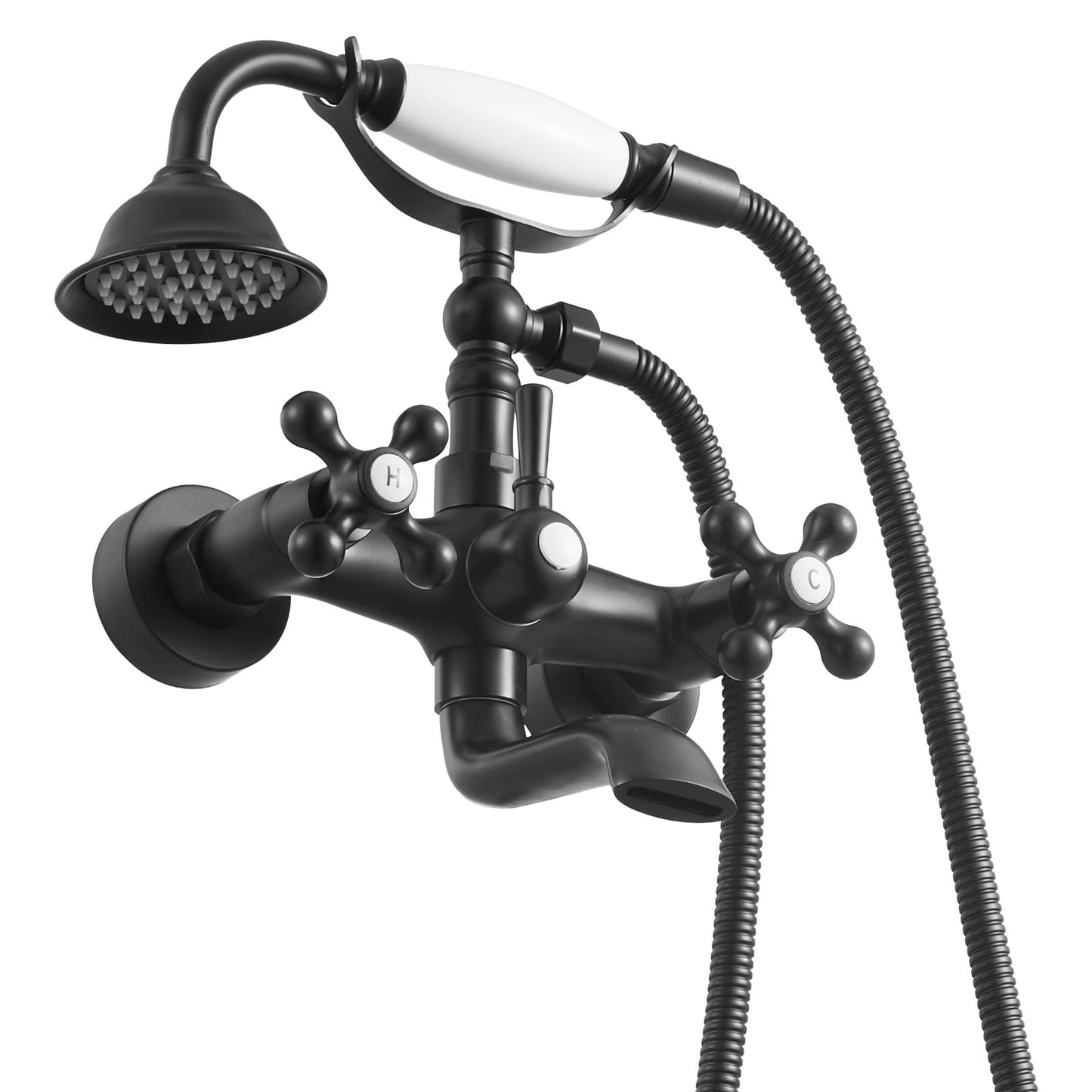 KFFKFF Wall-Mounted Clawfoot Tub Faucet with Handheld Shower, Matte Black Bathtub Filler Kit Featuring Adjustable Swing Arms and 360Â° Rotating Spout for Classic Bathtubs