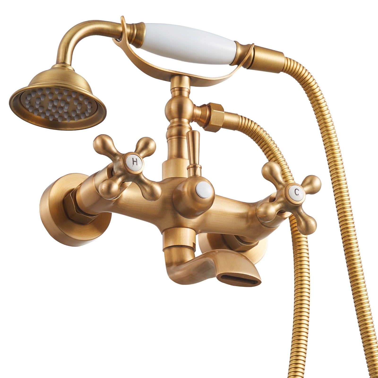 KFFKFF Wall-Mounted Clawfoot Tub Faucet with Handheld Shower, Vintage Brushed Gold Finish, Adjustable Swing Arms, and 360Â° Rotating Spout for Bathtubs
