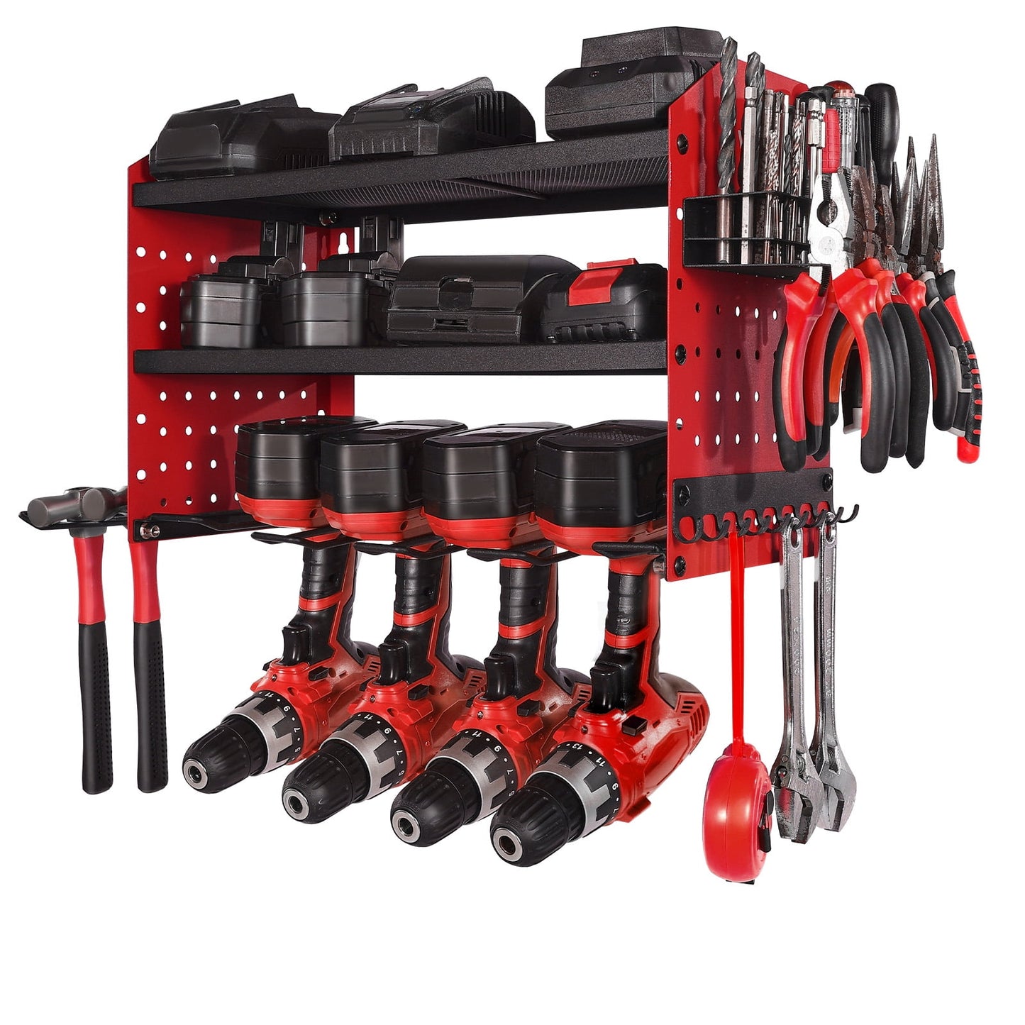KFFKFF Wall-Mounted Power Tool Organizer, 3-Tier Storage Rack with 4 Drill Slots, Tool Holder and Storage Shelf with Side Pegboards, Ideal for Garage, Workbench, and Workshop