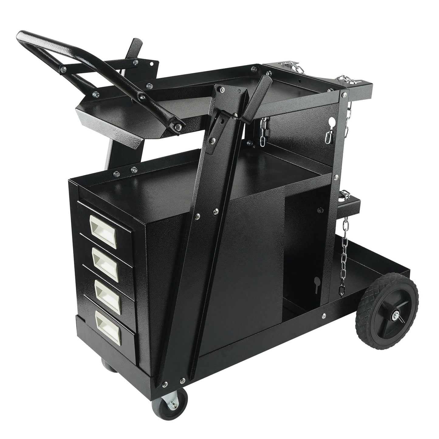 KFFKFF Welding Cart, Dual-Level 4-Compartment Welder Trolley with a Load Capacity of 265 LBS, 360Â° Rotating Wheels, Cylinder Storage Safety Chains, Robust Mobile MIG Welder Trolley