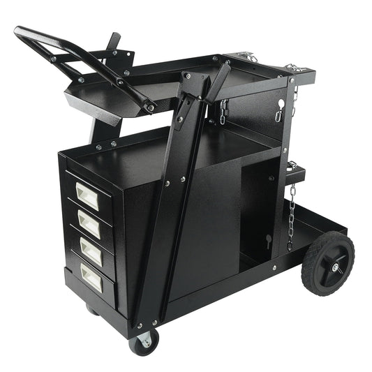 KFFKFF Welding Cart, Dual-Level 4-Compartment Welder Trolley with a Load Capacity of 265 LBS, 360Â° Rotating Wheels, Cylinder Storage Safety Chains, Robust Mobile MIG Welder Trolley