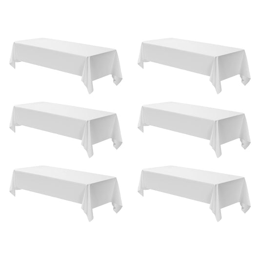 KFFKFF White Tablecloths for Rectangular Tables, 6 Pack, 60 x 102 Inches, Durable and Washable Polyester Fabric, Wrinkle-Resistant Table Covers for Events, Parties, and Banquets
