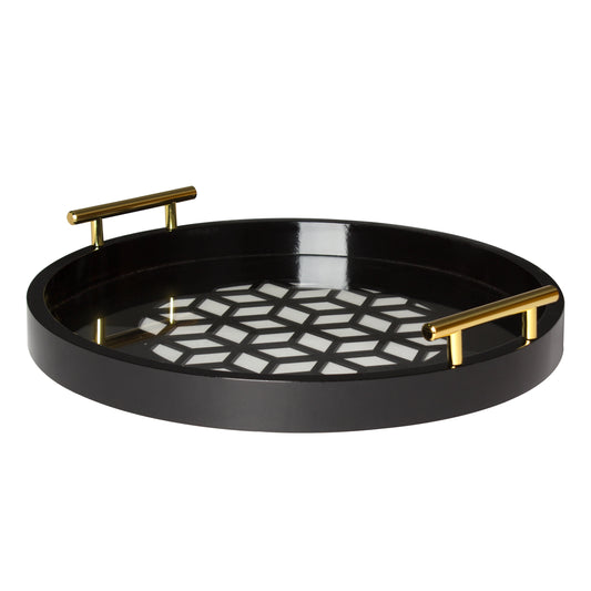 Kate and Laurel Caspen Glam Decorative Serving Tray, 15.5 Inch Diameter, Black and Gold, Decorative Tray with Round Shape and Polished Gold Metal Handles for Storage and Display