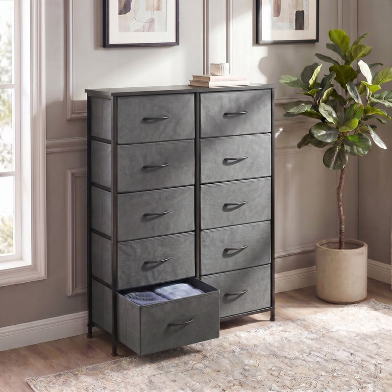Kelno 10 Drawer Fabric Dresser Storage Tower Chest Organizer with Wood Top Steel Frame, Gray