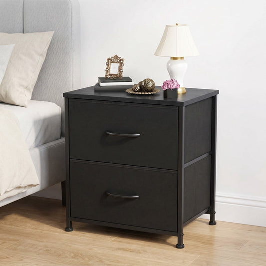 Kelno Nightstand 2 Drawers Fabric Storage Dresser Small Bedside Table Wood Top, Black