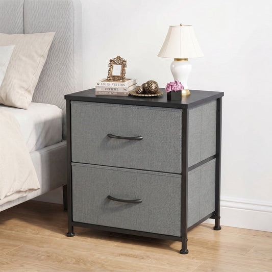 Kelno Nightstand 2 Drawers Fabric Storage Dresser Small Bedside Table Wood Top, Gray