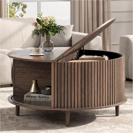 Kelno 31 Inch Round Coffee Table Mid Century Fluted Center Table with Sliding Door,Brown