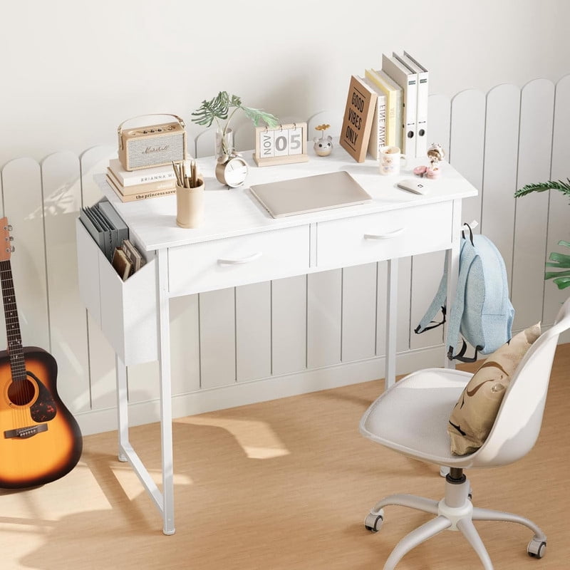 Kelno 32 Inch Computer Desk Small Desk with 2 Drawer Storage Bag Office Home Writing Desk Iron Headphone Hook Vanity Table, White