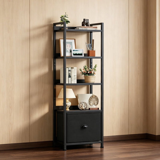 Kelno 5 Tier Bookshelf 55"x15" Bookcase with Fabric Drawer Open Storage Shelves Free Standing Wooden Display Rack,Black