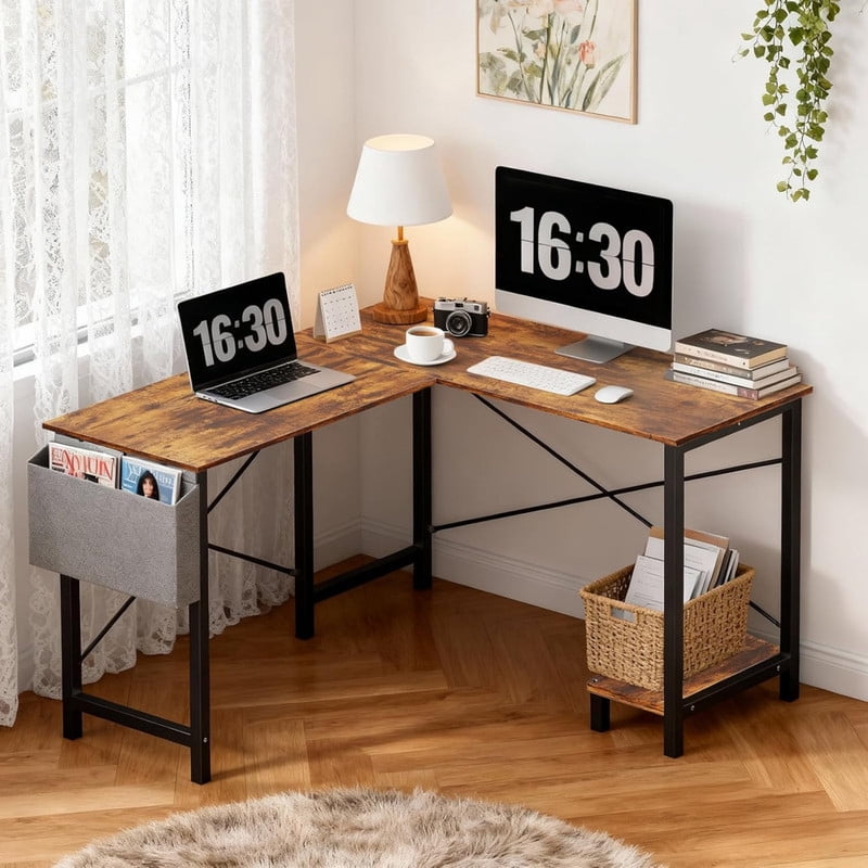 Kelno 50 Inch L Shaped Computer Desk Corner Desk with CPU Stand Side Storge Bag Study Writing Table, White