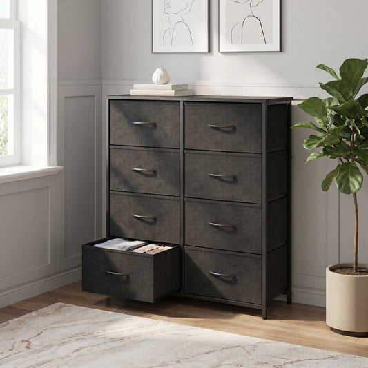 Kelno 8 Drawer Fabric Dresser Storage Tower Chest Organizer with Wood Top Steel Frame, Black