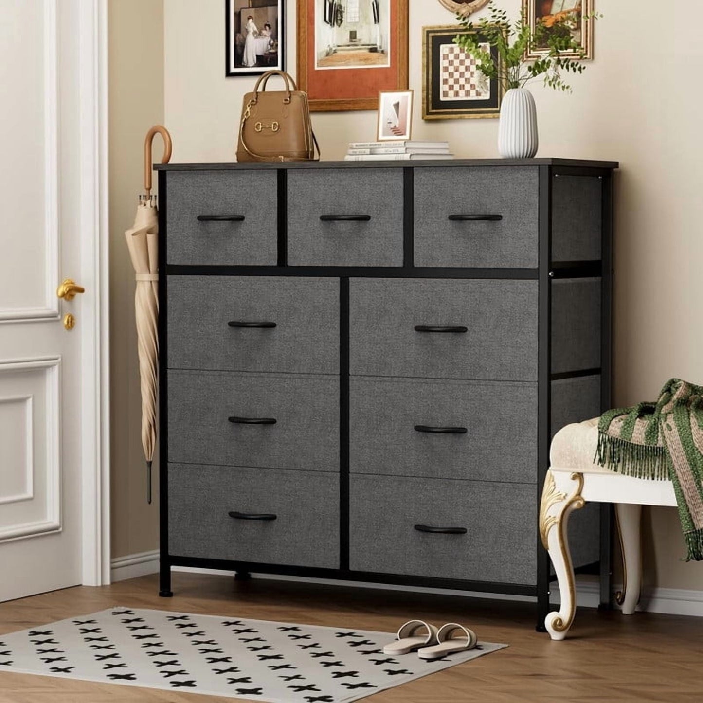 Kelno 9 Drawer Fabric Dresser Tall Storage Chest Drawer Organizer Storage Cabinet, Grey