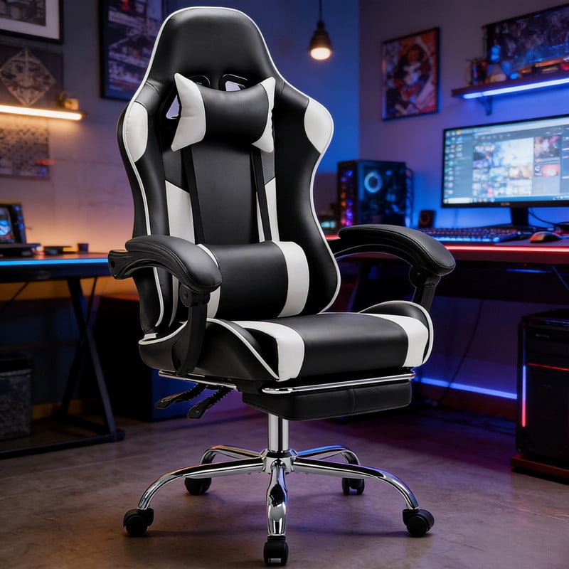 Kelno Ergonomic Gaming Chair with Headrest Pillow Lumbar Support Cushion PU Leather Swivel Recliner, Pink White