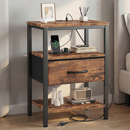 Kelno Nightstand with Fabric Drawer Charging Station USB TypeC Outlets Small Bedside Table with Wood Top Adjustable Shelf, Rustic Brown