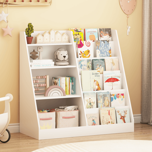 Kids Bookshelf, 4-Tier Wooden Bookcase With 2 Shelves And Toy Storage Bin, MDF Board For Books And Toys Display In Childrens Room Playroom Nursery, 34.65 x 15.75 Inch White