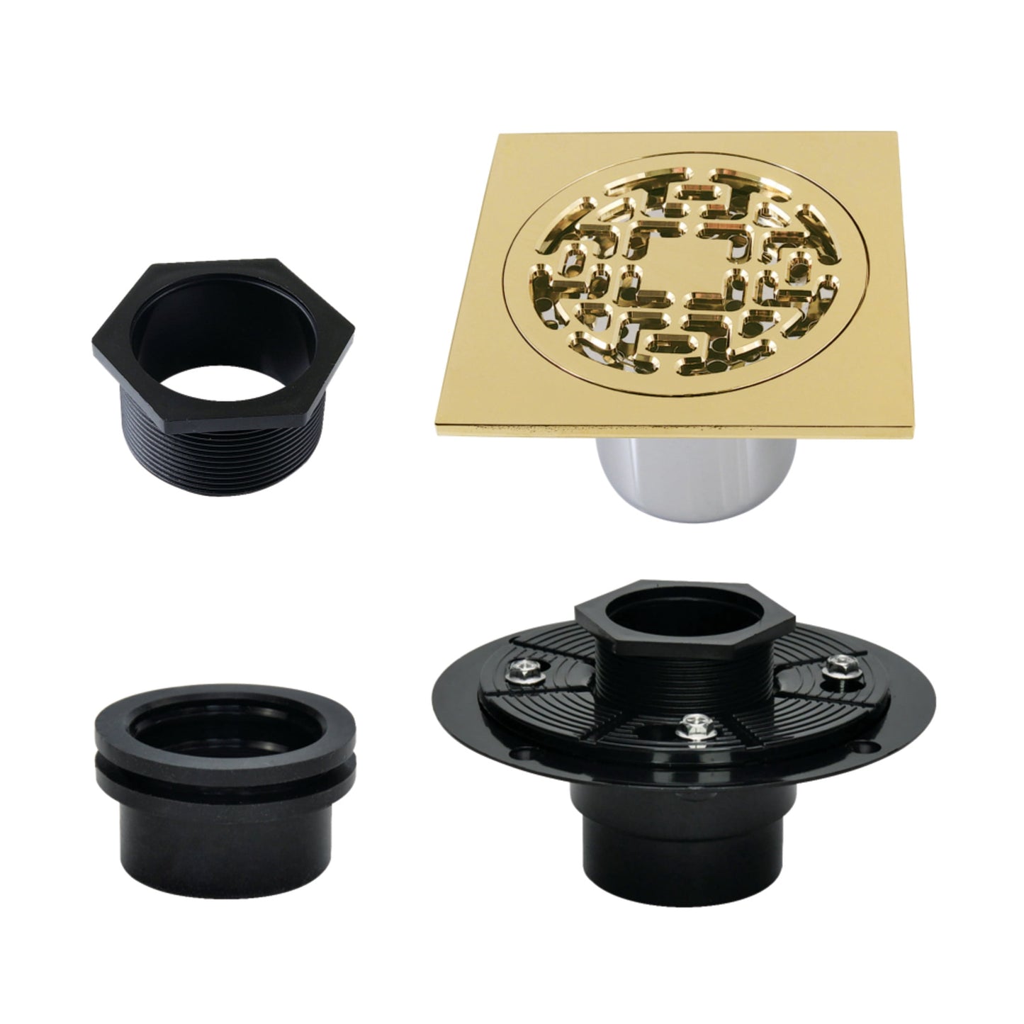 Kingston Brass BSFK4272PB Watercourse 4-Inch Brass Square Grid Shower Drain with Hair Strainer and Base Flange in Polished Brass