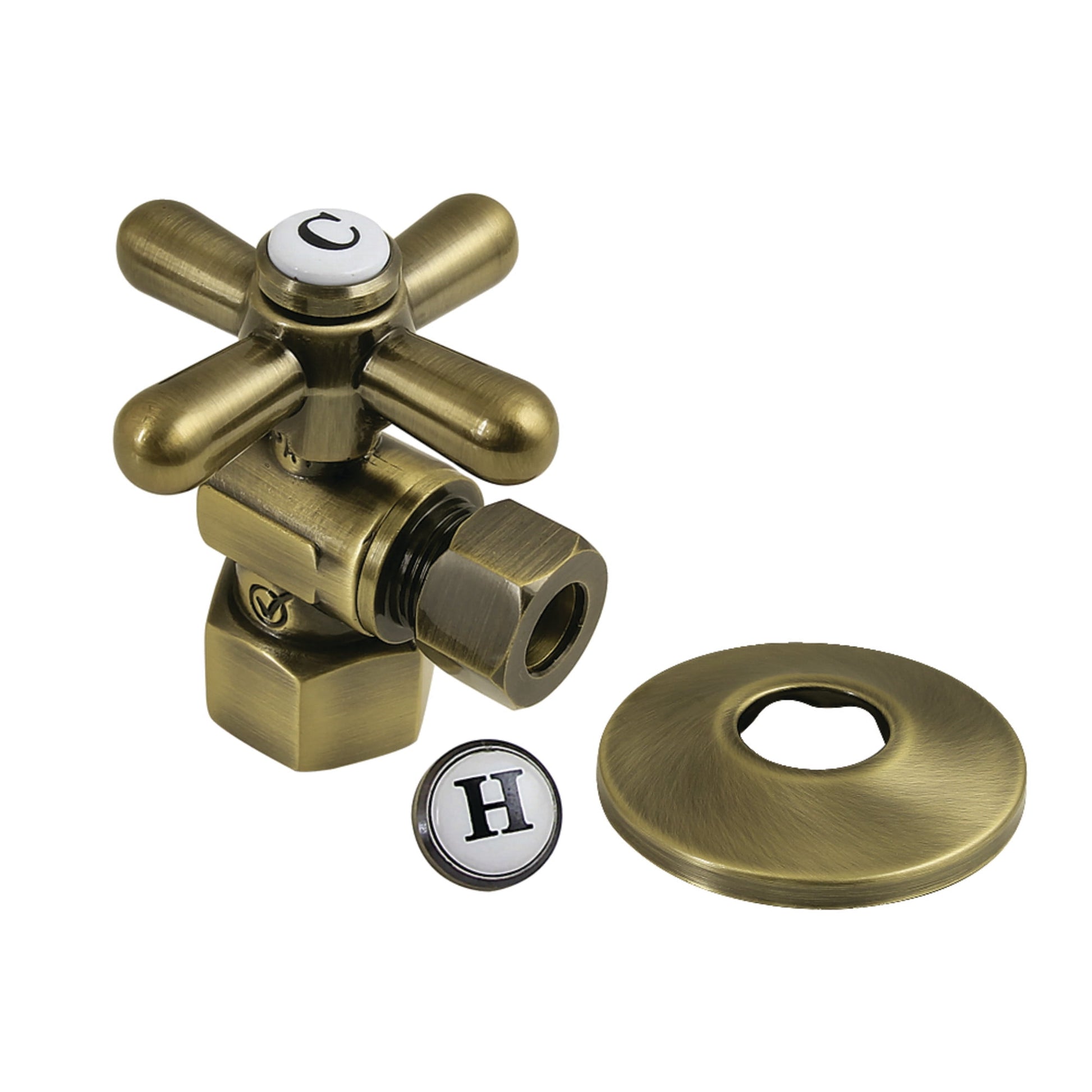 Kingston Brass CC43103XK 1/2" FIP x 3/8" O.D. Comp Quarter-Turn Angle Shut-Off Valve with Flange, Antique Brass