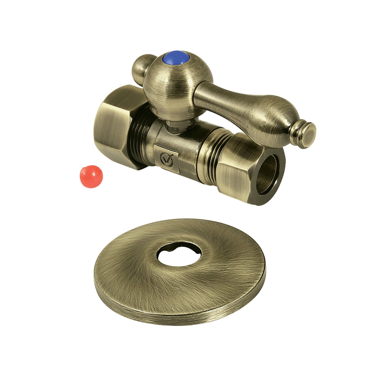Kingston Brass CC44453K 5/8" OD Comp x 1/2" OD Comp Quarter-Turn Straight Stop Valve with Flange, Antique Brass