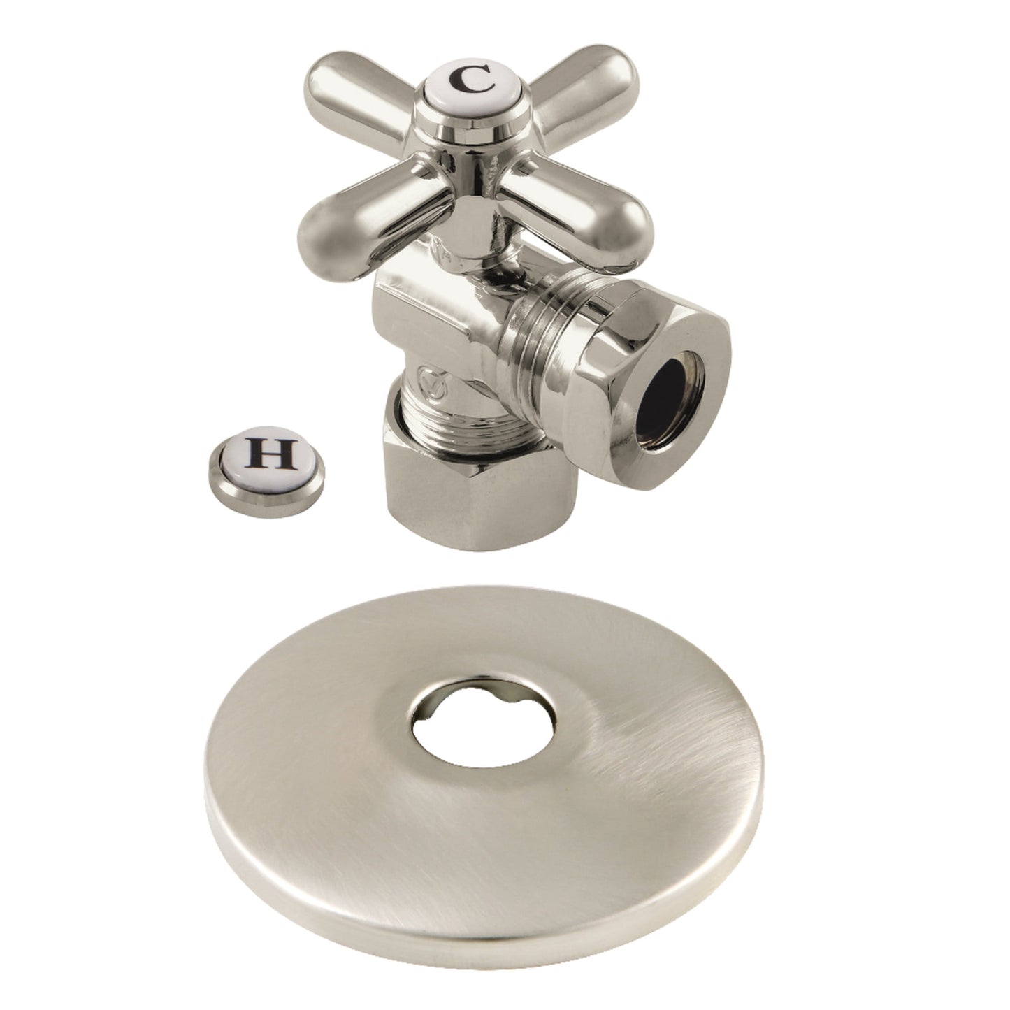 Kingston Brass CC54308XK 5/8-Inch O.D. Comp x 1/2-Inch or 7/16-Inch Slip Joint Quarter-Turn Angle Shut-Off Valve with Flange in Brushed Nickel