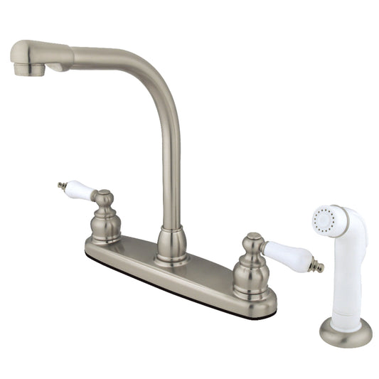 Kingston KB718 Victorian Two-Handle 4-Hole 8" Centerset Kitchen Faucet with Side Sprayer in Brushed Nickel