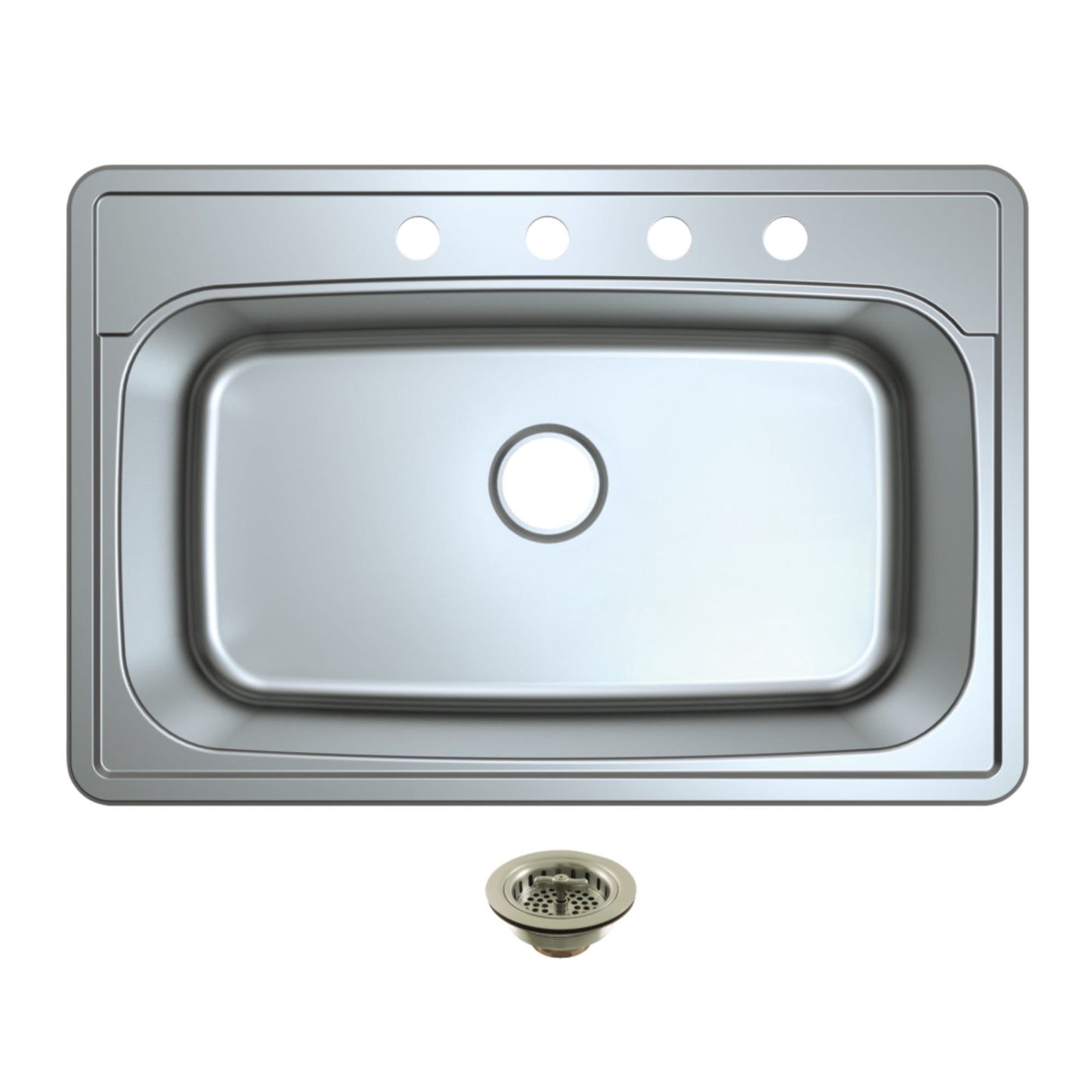 Kingston Brass Studio KGKTS3322908 33" Stainless Steel Self-Rimming Single Bowl Bar Sink with 4-Hole Drain and Strainer, Stainless Steel/Brushed Nickel