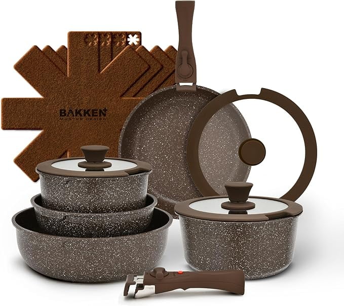 Bakken 15-Piece Non-Stick Cookware Set with Detachable Handles â€“ Granite Stackable Pots and Pans Set, Dishwasher Safe, Oven-Safe, and Compatible Kitchen Essential for All Stoves â€“ Cream