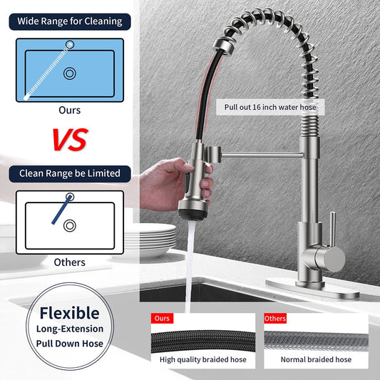 Kitchen Faucet with Pull Down Sprayer and 4 Spraying Modes Single Handle Commercial Spring Kitchen Sink Faucet Brushed Nickel 1 or 3 Hole