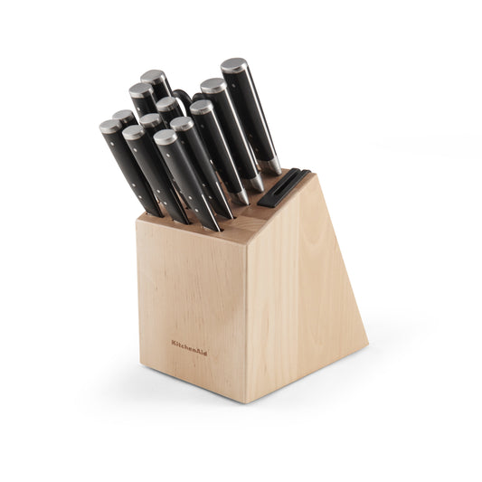 KitchenAid Gourmet 14-Piece Forged Triple Rivet Japanese Steel Knife Set with Block Built-in Sharpener Wood