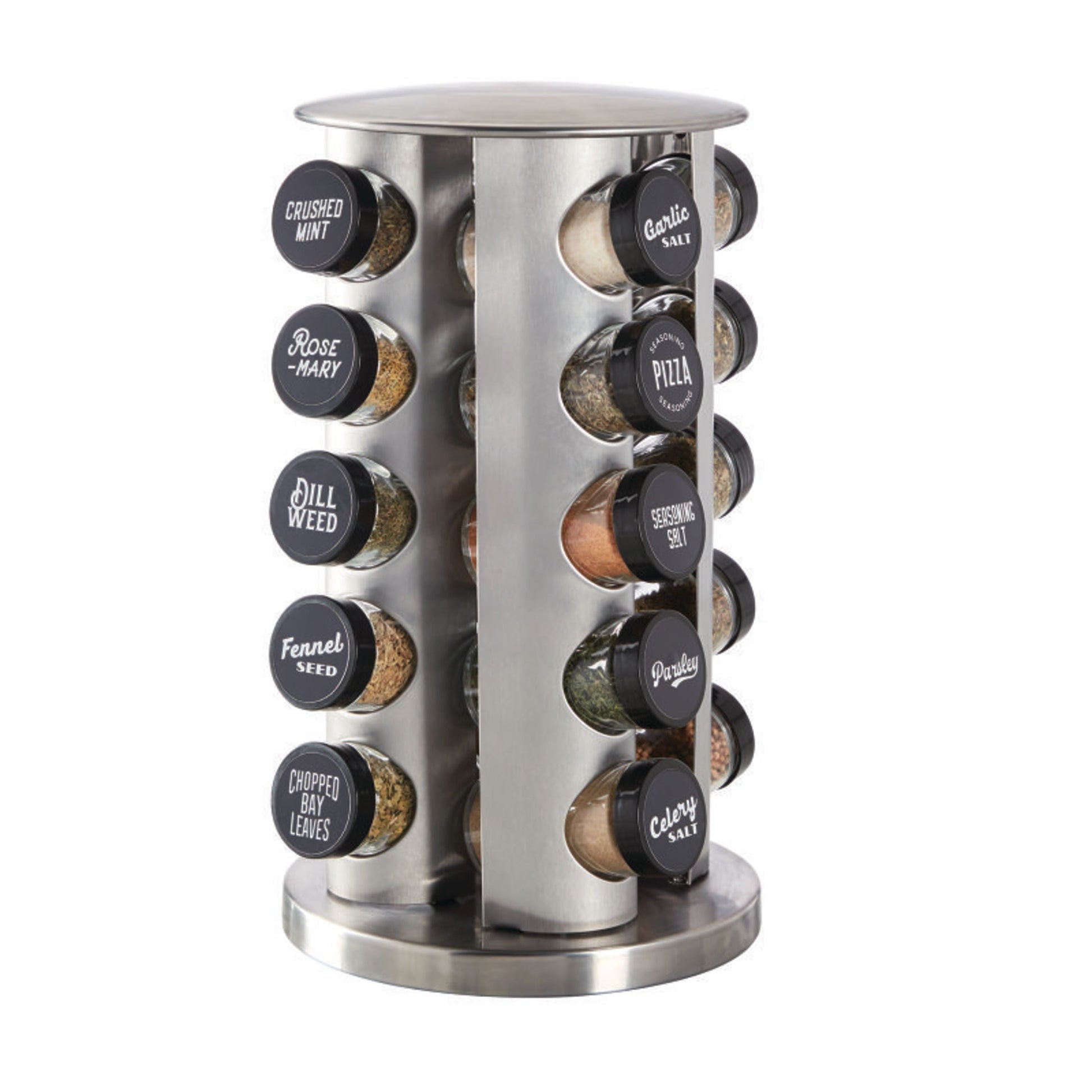 Kamenstein Prefilled 20 Jar Brushed Stainless Steel with Black Caps