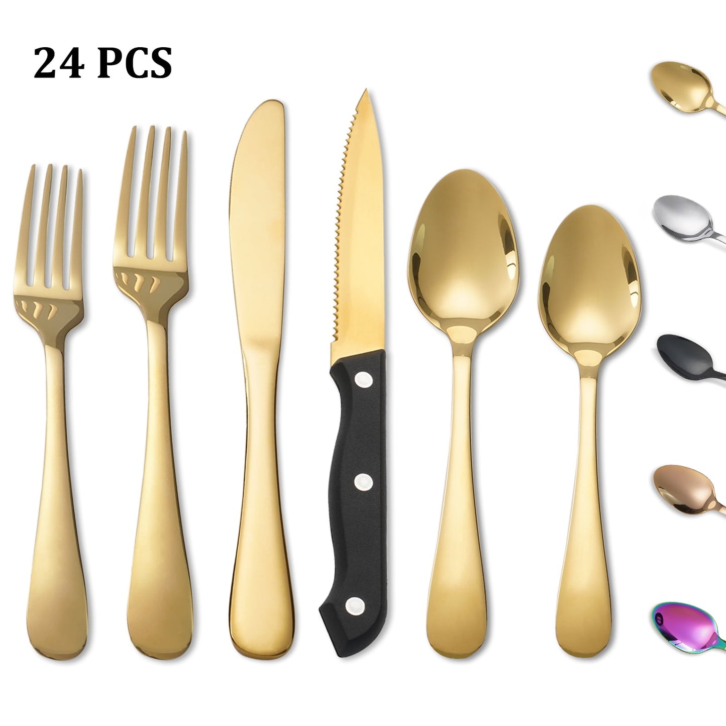 Koomade 24 Pieces Flatware Set For 4, with Steak Knives, Stainless Steel Cutlery Set, Mirror Polished, Tableware Utensils for Home Kitchen Restaurant Hotel, Dishwasher Safe, Gold