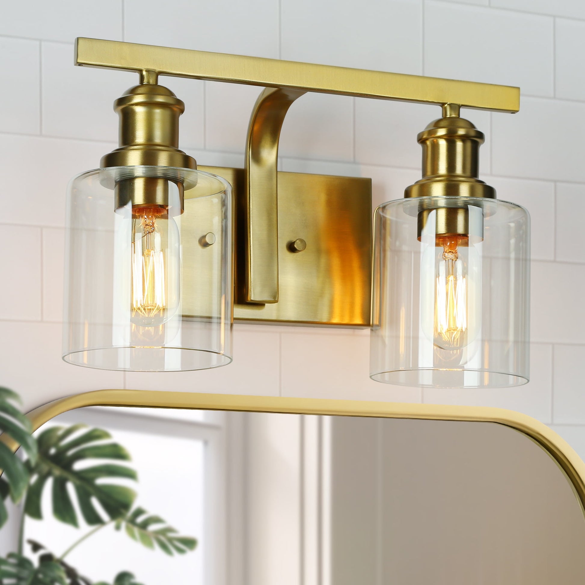 LNC Arlimutike 14-in Polished Gold Bathroom Vanity Light with Clear Glass Cylinder Shade, Modern, 2-Light