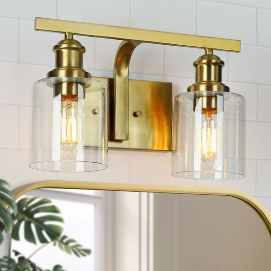 LNC Arlimutike 14-in Polished Gold Bathroom Vanity Light with Clear Glass Cylinder Shade, Modern, 2-Light