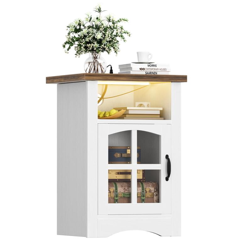 Lacoo End Table with LED Lights & Power Outlet, Side Table with Glass Door for Living Room, Nightstand with Storage for Bedroom, Brown