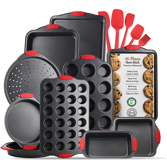 LammaLoe Bakeware Set , 15 PC Baking Pan Set With Silicone Handles & Utensils, Oven Safe & Carbon Steel Cookie Sheets, Baking Pans, Cake Loaf, Muffins & Bread Pan & More
